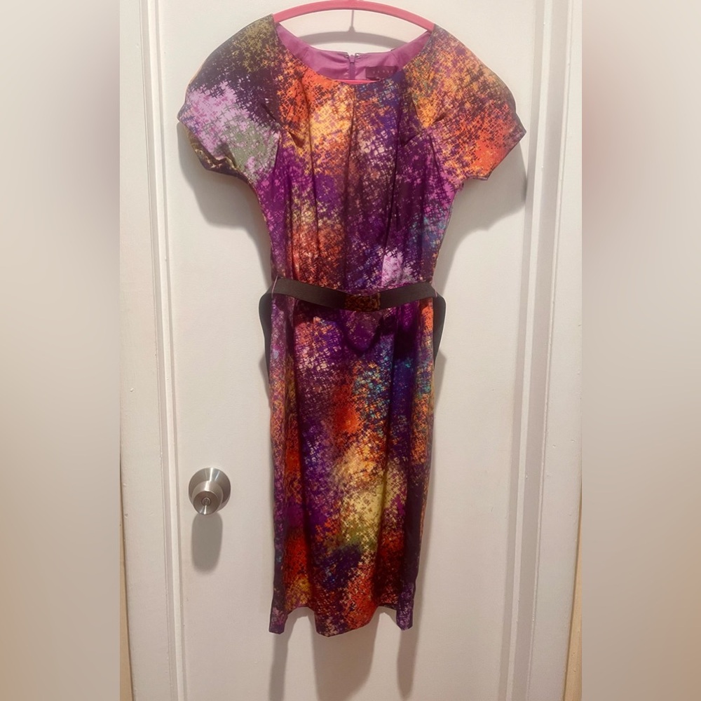 debut multi-colored Abstract Print Dress with jeweled belt, Size 4